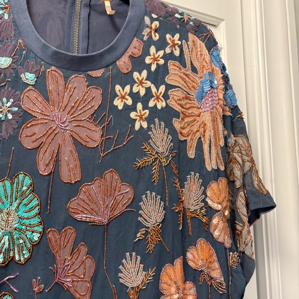 Free People Jewel Mini Dress Zenon Blue Combo Size Large Floral Beaded - Picture 11 of 13